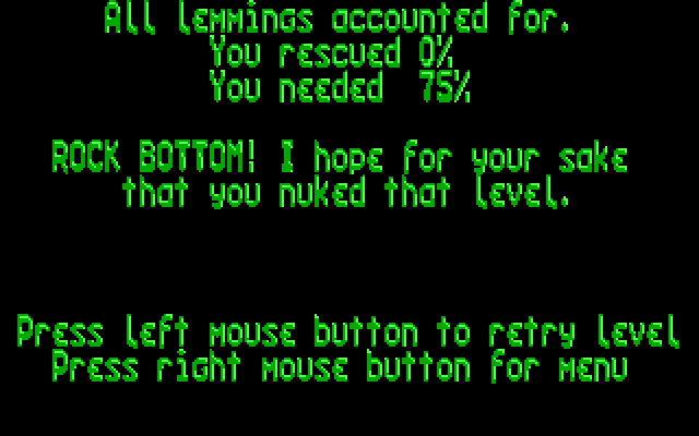 Lemmings IBM PC/Compatibles Screenshot: Not so good...looks like time to try again...