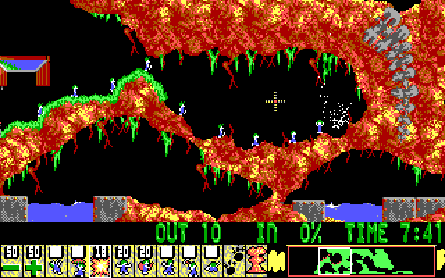 Lemmings IBM PC/Compatibles Screenshot: Exploded lemmings can break through walls.