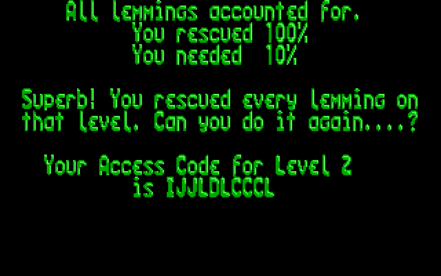 Lemmings IBM PC/Compatibles Screenshot: All lemmings accounted for.