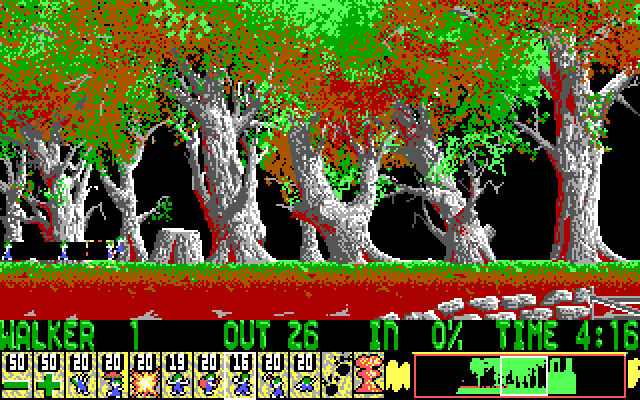 Lemmings IBM PC/Compatibles Screenshot: Bashing through a forest.