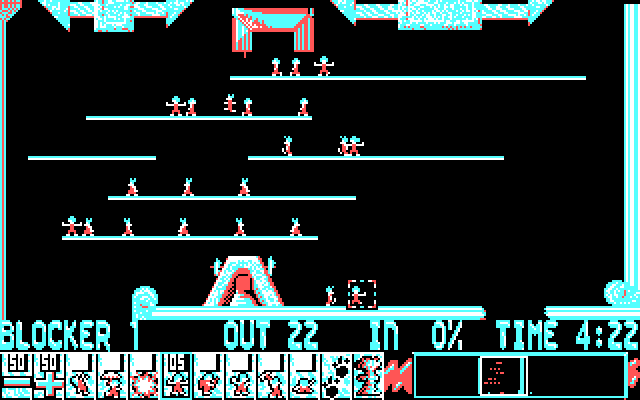 Lemmings IBM PC/Compatibles Screenshot: Blocker lemmings help out on this level.