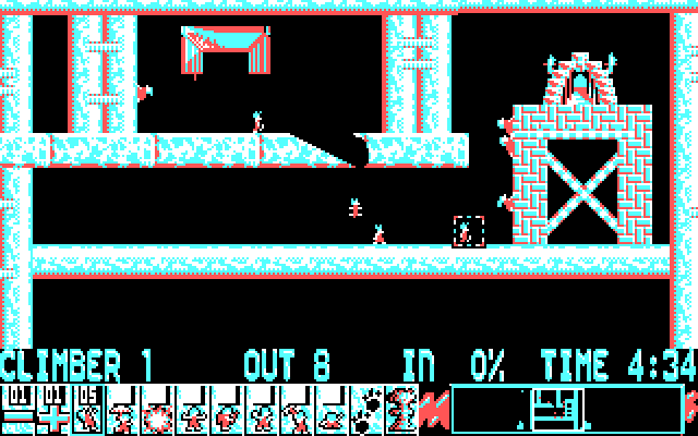 Lemmings IBM PC/Compatibles Screenshot: Climbing towards the exit.