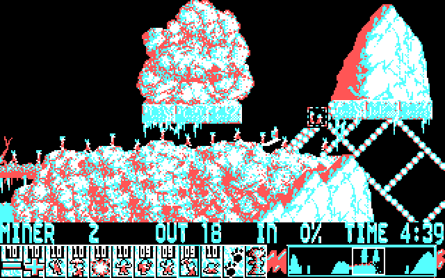 Lemmings IBM PC/Compatibles Screenshot: Building and digging towards the exit...