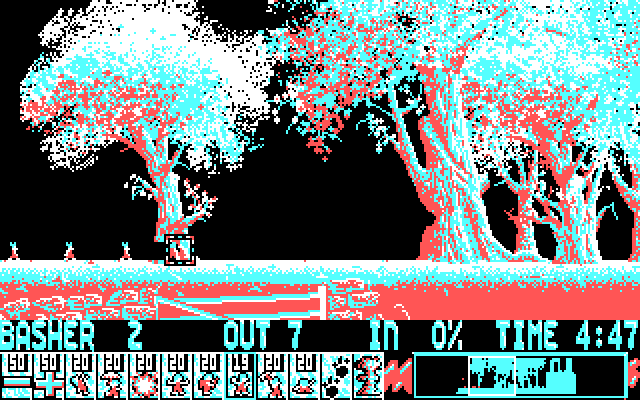 Lemmings IBM PC/Compatibles Screenshot: Bashing through trees on a beast of a level...