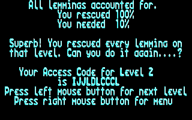 Lemmings IBM PC/Compatibles Screenshot: Level complete!