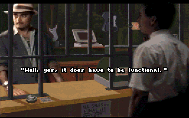 Les Manley in: Lost in L.A. IBM PC/Compatibles Screenshot: Talking with the shady pawn shop owner.