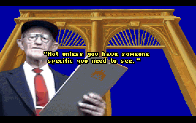Les Manley in: Lost in L.A. IBM PC/Compatibles Screenshot: Trying to sneak past the security guard...