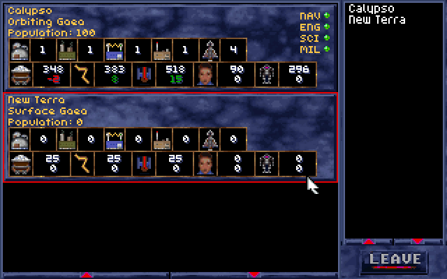 Alien Legacy IBM PC/Compatibles Screenshot: List of colonies.