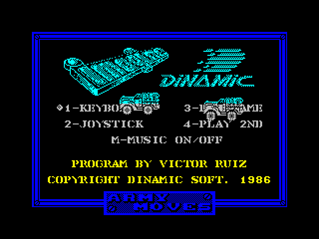 Army Moves ZX Spectrum Screenshot: Main menu; Various trucks and planes drive and fly through the menu.