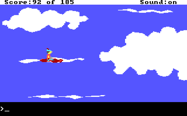 King's Quest II: Romancing the Throne IBM PC/Compatibles Screenshot: Flying on a magic carpet.