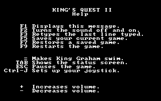 King's Quest II: Romancing the Throne IBM PC/Compatibles Screenshot: Game help.