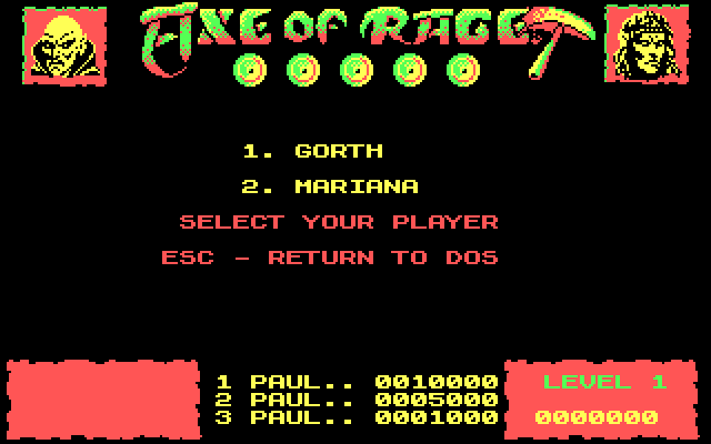 Axe of Rage IBM PC/Compatibles Screenshot: The main menu.