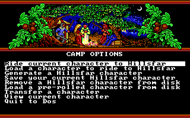 Hillsfar IBM PC/Compatibles Screenshot: Camp options menu.