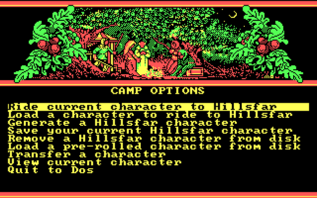 Hillsfar IBM PC/Compatibles Screenshot: Camp options menu.