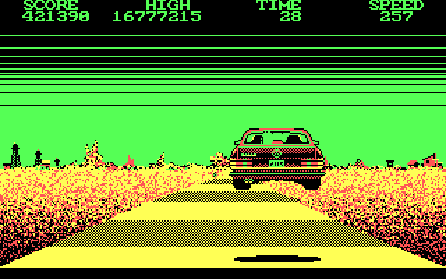 Crazy Cars IBM PC/Compatibles Screenshot: I'm airborn after hitting a bump!