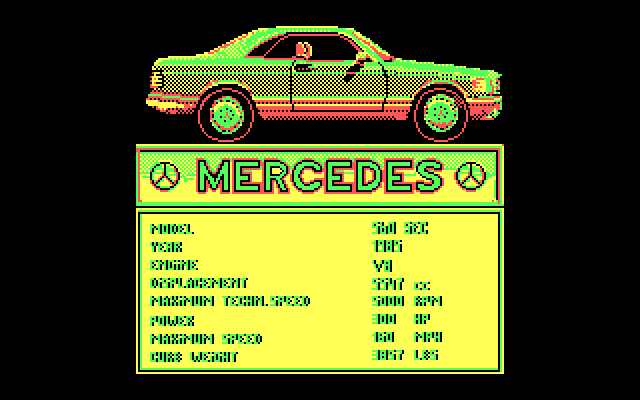 Crazy Cars IBM PC/Compatibles Screenshot: The first race will be in a Mercedes!