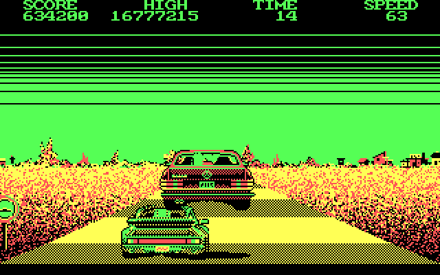 Crazy Cars IBM PC/Compatibles Screenshot: Your car bounces in the air if another car hits it from behind...