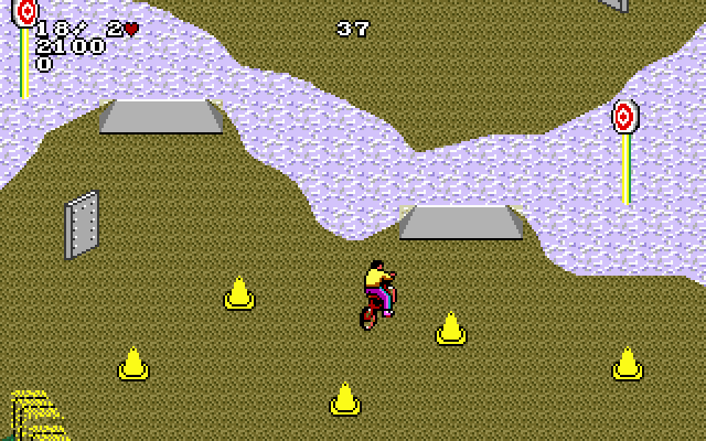 Paperboy 2 IBM PC/Compatibles Screenshot: Use the ramps to jump over the water.