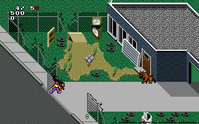 Paperboy 2 IBM PC/Compatibles Screenshot: I crashed into this fence blocking the sidewalk.