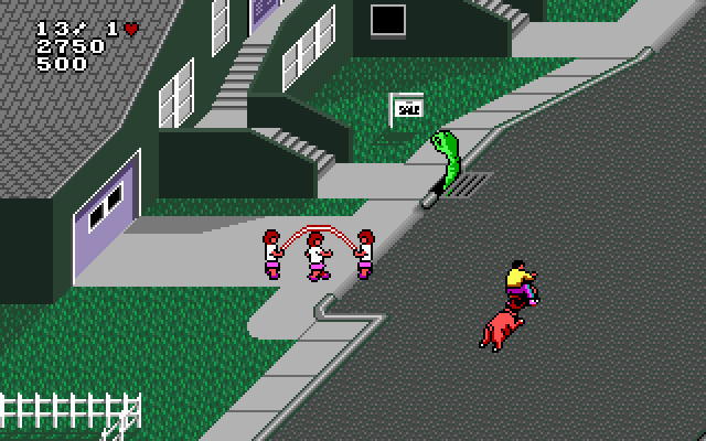 Paperboy 2 IBM PC/Compatibles Screenshot: Trying to escape a pig...