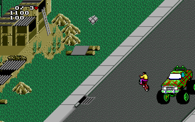 Paperboy 2 IBM PC/Compatibles Screenshot: The road switches angle and the buildings are on the left instead of the right.