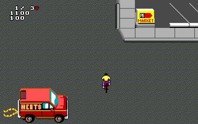 Paperboy 2 IBM PC/Compatibles Screenshot: Crossing a road; traffic can get in the way!