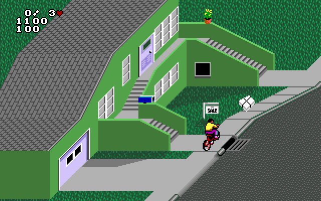 Paperboy 2 IBM PC/Compatibles Screenshot: Pick up the newspaper bundle to replenish your supply.