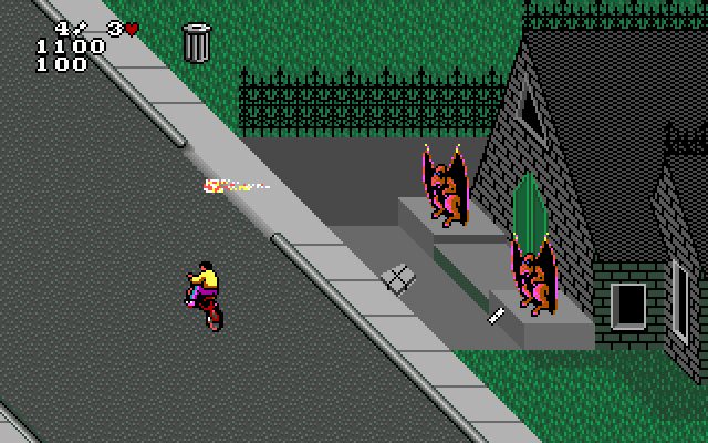 Paperboy 2 IBM PC/Compatibles Screenshot: The gargoyles shoot flames at you!