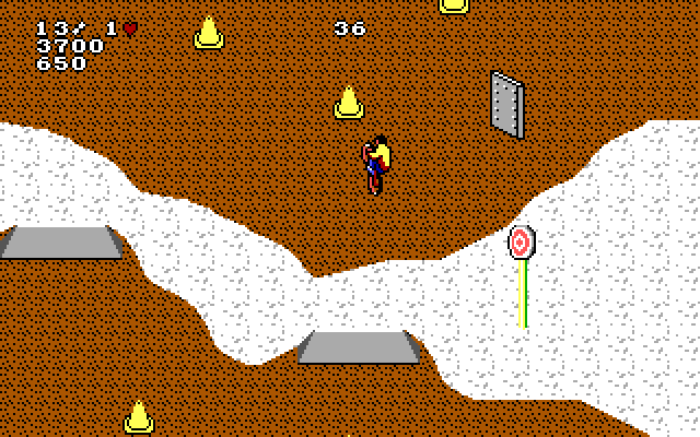 Paperboy 2 IBM PC/Compatibles Screenshot: Jumping over an obstacle...