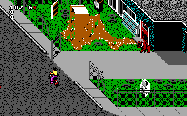 Paperboy 2 IBM PC/Compatibles Screenshot: There are a variety of friendly and unfriendly houses.