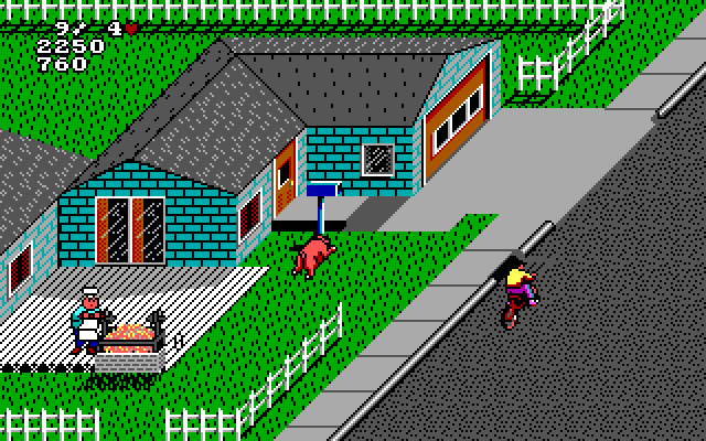 Paperboy 2 IBM PC/Compatibles Screenshot: A pig escapes and chases you!
