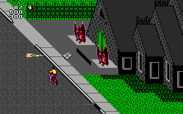 Paperboy 2 IBM PC/Compatibles Screenshot: There are some scary looking unfriendly houses...