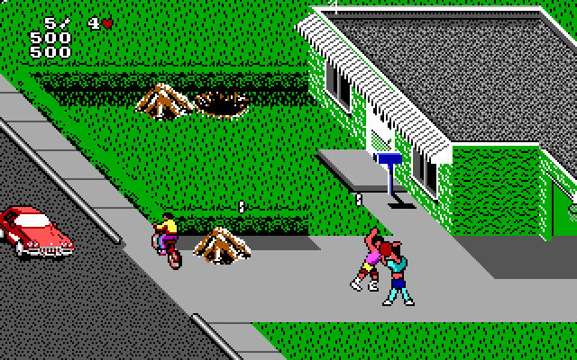 Paperboy 2 IBM PC/Compatibles Screenshot: Don't crash into the oncoming cars...