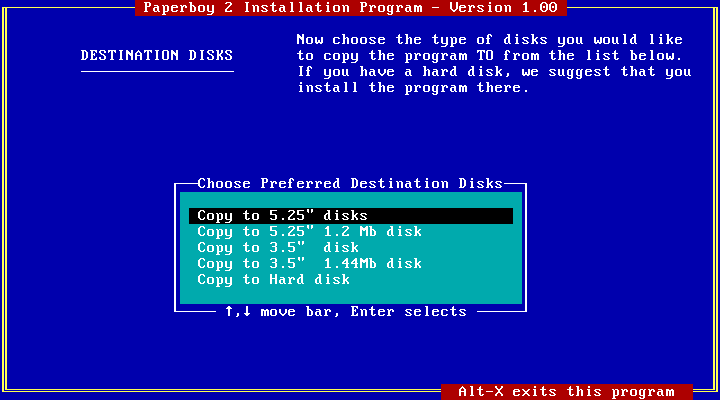 Paperboy 2 IBM PC/Compatibles Screenshot: Select where to install the game.