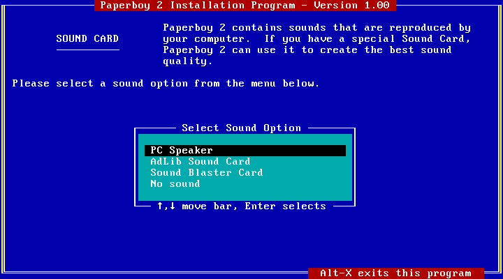 Paperboy 2 IBM PC/Compatibles Screenshot: Sound hardware menu.