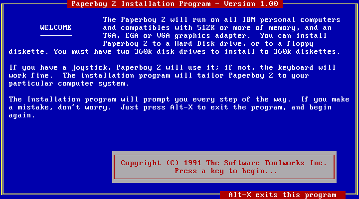 Paperboy 2 IBM PC/Compatibles Screenshot: Installation starting screen.
