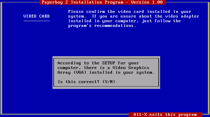 Paperboy 2 IBM PC/Compatibles Screenshot: Graphics auto detection correctly found VGA...