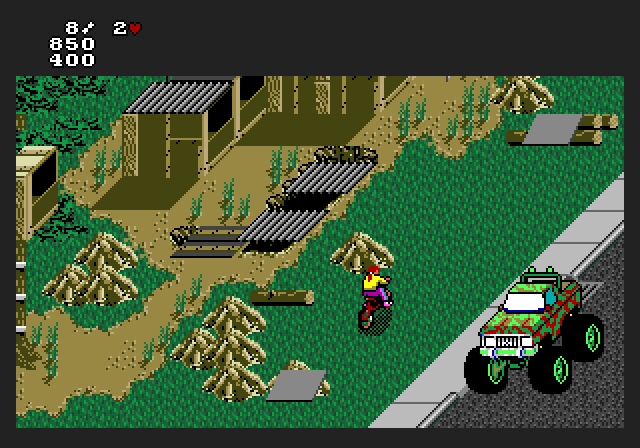 Paperboy 2 Amiga Screenshot: Kids hide in this fort and throw things at you.