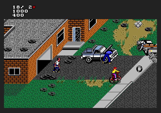 Paperboy 2 Amiga Screenshot: Don't run into the tires!