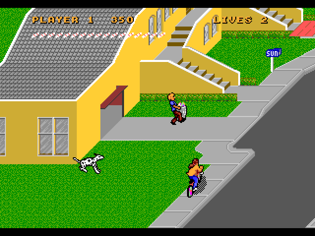 Paperboy 2 Sega Genesis / Mega Drive Screenshot: Don't crash into that guy taking out the trash...