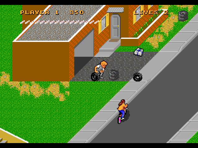 Paperboy 2 Sega Genesis / Mega Drive Screenshot: Rolled tires get in the way...