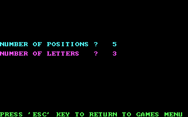 Mind Games IBM PC/Compatibles Screenshot: Mastermind: Setting up a new game.