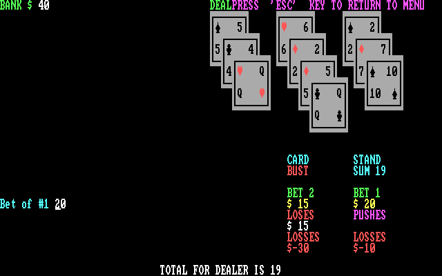 Mind Games IBM PC/Compatibles Screenshot: Blackjack: Total for dealer is 19 this time...