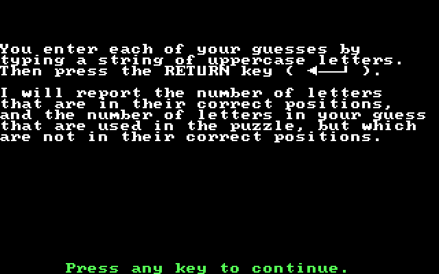 Mind Games IBM PC/Compatibles Screenshot: Mastermind: Instructions, part 2.
