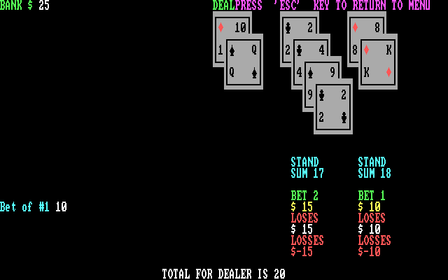 Mind Games IBM PC/Compatibles Screenshot: Blackjack: Total for dealer is 20...