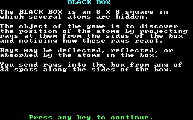 Mind Games IBM PC/Compatibles Screenshot: Black Box: Instructions, part 1.