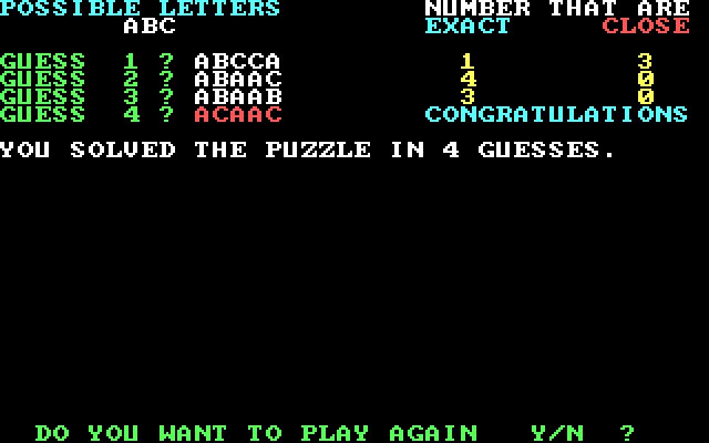 Mind Games IBM PC/Compatibles Screenshot: Mastermind: Solved this puzzle!