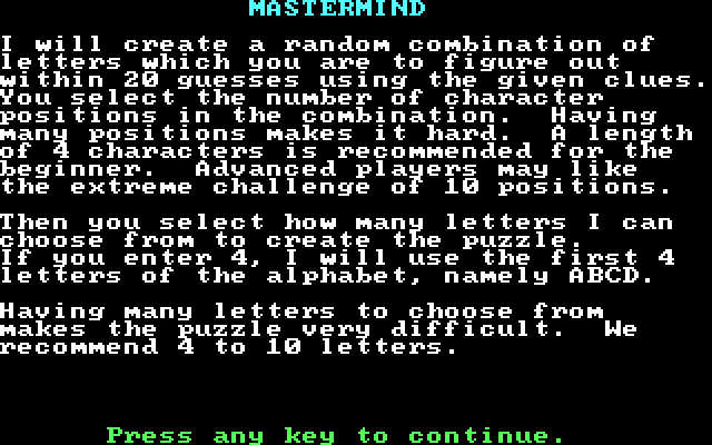 Mind Games IBM PC/Compatibles Screenshot: Mastermind: Instructions, part 1.
