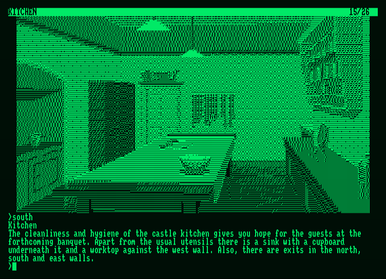 Guild of Thieves, The Amstrad PCW Screenshot: Here's the kitchen; is anything here?