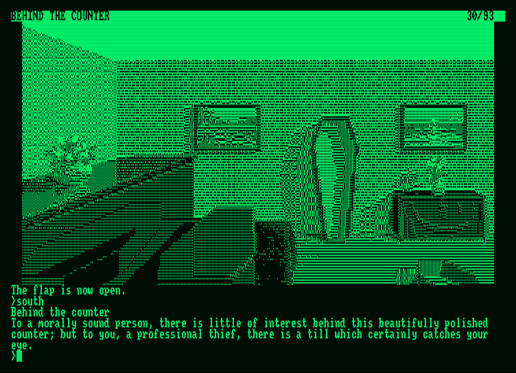 Guild of Thieves, The Amstrad PCW Screenshot: Ah, a till...as a thief, this is interesting!